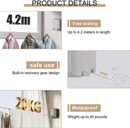 Waslijn Intrekbaar - Drooglijn - Kleding Drogen - Anti-doorzakker - 4.2 Meter - Zilver — thumbnail 4