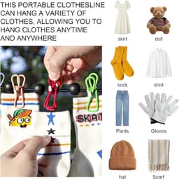 Reis Waslijn - Draagbare lijn - Kleding drogen - Met 12 clips - 13.9 cm - Grijs — thumbnail 2