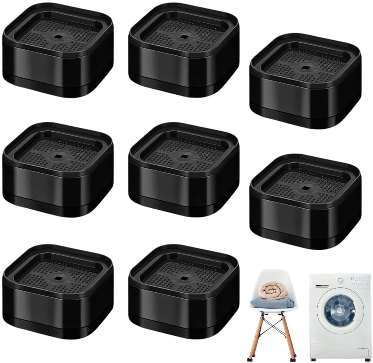 8 stuks - meubelvoeten - wasmachine voetjes - verhogingsblokken - zwart - schokdempende voetjes - antislip blokken - Vierkante Rubberen Meubelvoeten - Trillingsdempende Wasmachine Voetjes - Dempende Verhoging voor Stoel, Kast en Koelkast — afbeelding 1