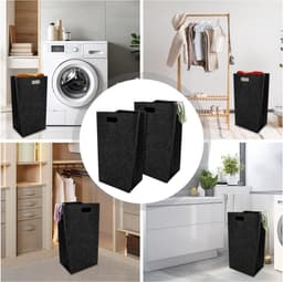 2 Stuks Vouwbare Wasmanden 60 Liter - Smalle Wasmand voor Badkamer en Slaapkamer - Zwarte Vilt Wascontainer met Dikke Wanden — thumbnail 5