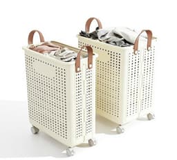 Grote Opvouwbare Wasmand op Wieltjes – Kunstleder – Effen – 55x36x37,7 cm – Melkwit. — thumbnail 4