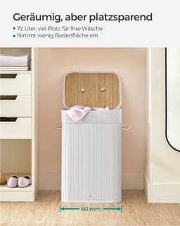 Bamboe Wasmand - 72 liter - 60 cm hoog - Met Uitneembare Katoenen Waszak - wit — thumbnail 2