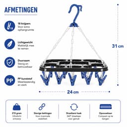 HEM Washanger Blauw met 18 Knijpers – Opvouwbaar Droogrek – Ondergoedhanger – Sokhanger – Camping Wasrek – 24x31 cm – Inclusief HEM Microvezeldoekje — thumbnail 2