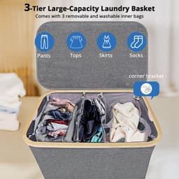 Wasmand met 3 vakken geschikt voor badkamer, slaapkamer en balkon – met deksel, grote inhoud van 160 liter – voor gescheiden opbergen – Grijs — thumbnail 3