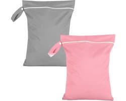 Set van 2 waterdichte waszakken voor onderweg, herbruikbaar met rits, ideaal voor luiers, zwemkleding en meer (grijs/roze, 30 x 40 cm)