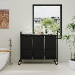 Wasmand met 3 uittrekbare oxfordzakken, legplank, metalen frame en wieltjes, Grijs 84x30x76,5cm, verrijdbaar voor badkamer en slaapkamer — thumbnail 4