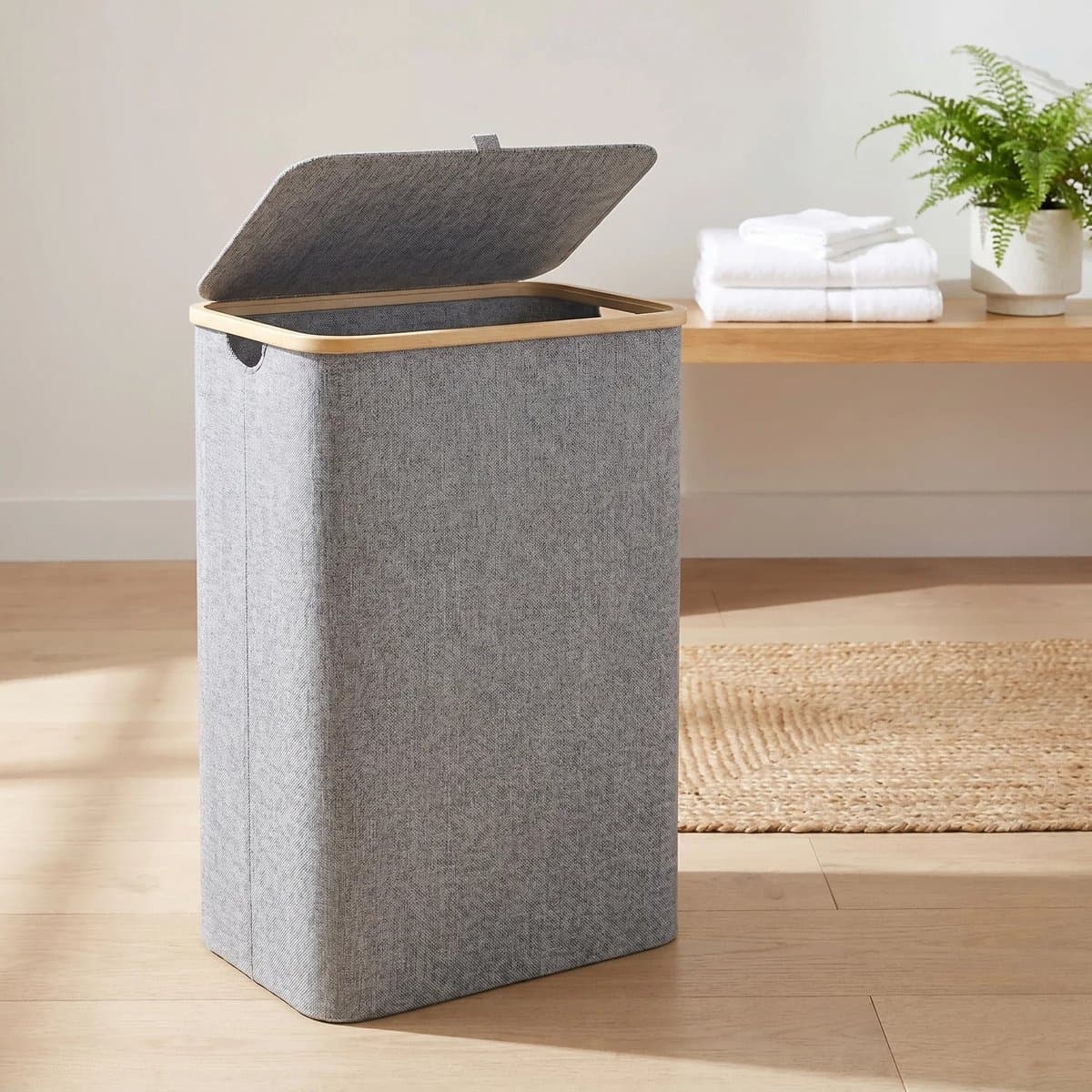 RosaBloom Luxe Wasmand met Deksel - XXL Opvouwbaar - Met Bamboe Handgrepen en Uitneembare Oxford Binnentas - 100L - Grijs — afbeelding 1