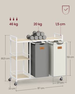 VASAGLE - Wasmand - Wassorteerder - Met 2 Vakken - 100 L wasmand - Met Wieltjes en Afneembare Tassen — thumbnail 2