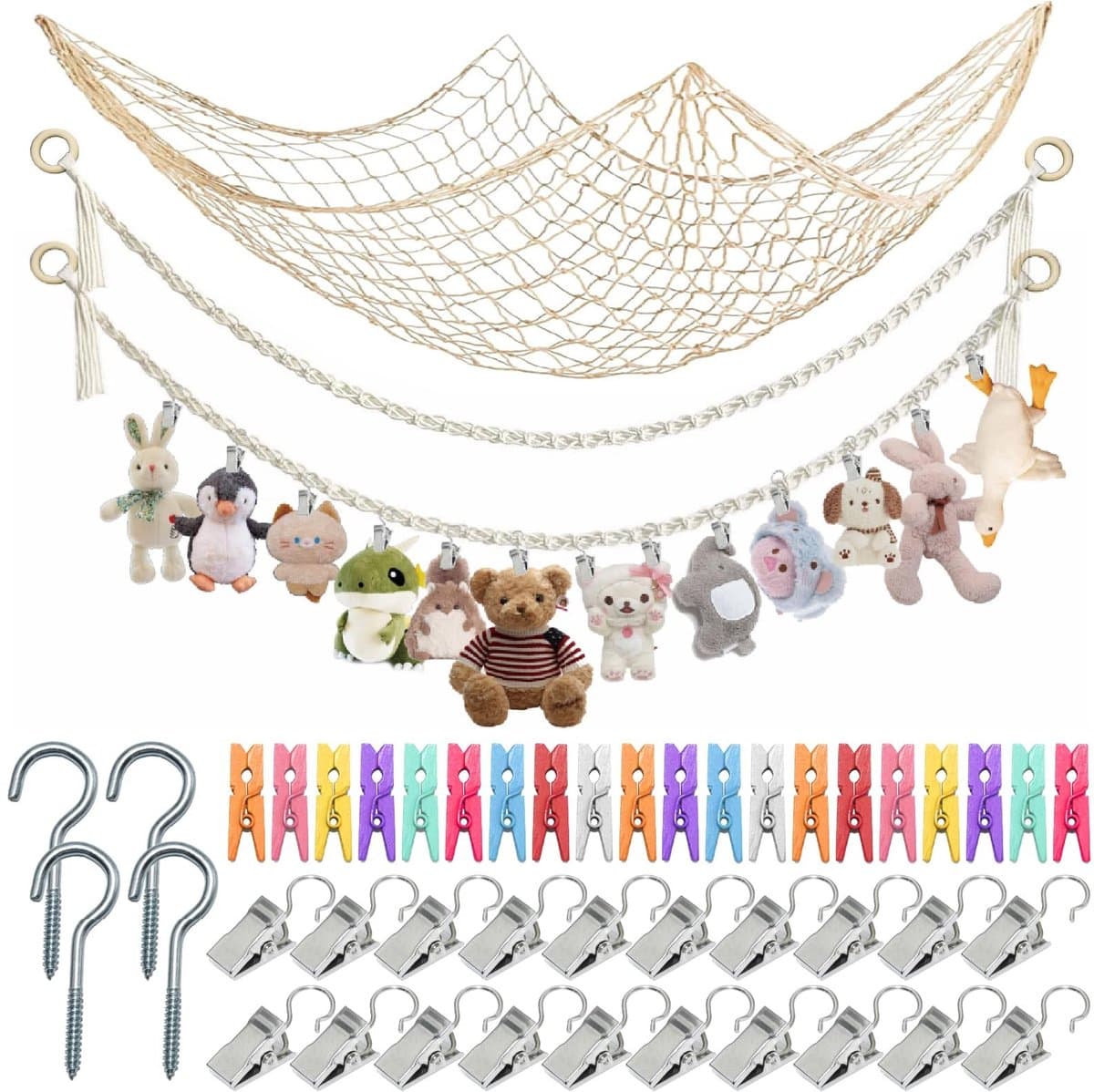 Dailygoods- Opbergnet Bohemian Macramé - Hangende Opberger - Opberg Etui - Knuffels - Decoratie - 40 Clips - 2 m Pluche Dier - Opbergnetten — afbeelding 1