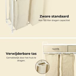 Casayali® TrioSort Wasmanden 150 Liter - Wasmand 3 Vakken - Uitschuifbare Wassorteerder met Laden - Crème — thumbnail 5