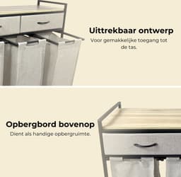 Casayali® TrioSort Wasmanden 150 Liter - Wasmand 3 Vakken - Uitschuifbare Wassorteerder met Laden - Lichtgrijs — thumbnail 5