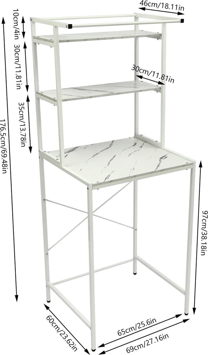 Wasmachinerek - Opbergrek Badkamer - Ruimte Besparen - 3 Gelaagde Plank - 69x60x176.5 CM - Wit Marmer — afbeelding 1