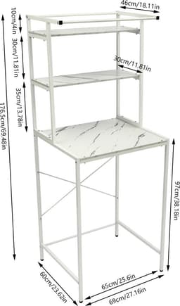 Wasmachinerek - Opbergrek Badkamer - Ruimte Besparen - 3 Gelaagde Plank - 69x60x176.5 CM - Wit Marmer — thumbnail 1