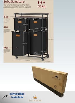 FurnStar - Wassorteerder - wasscheider met wielen - 150 liter - wasmanden - beweegbare waswagen met plank - 4 afneembare vakken - 6 etiketten - 72 x 33 x 109 cm - inktzwart-kastanjebruin — thumbnail 2