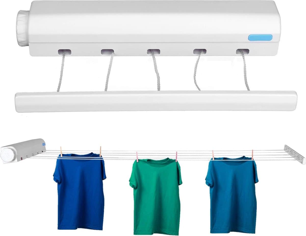 Waslijn, Automatische Telescopische Waslijn Aan de Muur Gemonteerde Intrekbare Kleding Droogrek Touw met Haak voor Binnen Buiten Benodigdheden Ponsinstallatie (Vijf Touwen) - Wandwaslijnen-5 waslijnen tot 3.75 m traploos uittrekbaar-Praktisch rolsyst — afbeelding 1