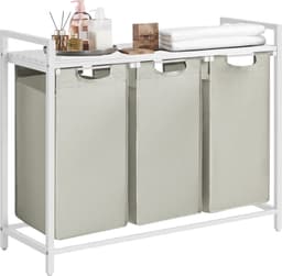 O'DADDY® Wasmand 3 Vakken - Uitschuifbare Wassorteerder met Plank - 114 Liter - 92.5 x 33 x 71 cm - Verstelbare Pootjes - Makkelijk te Monteren - Veelzijdig en Stijlvol Metaal - Wit — thumbnail 1