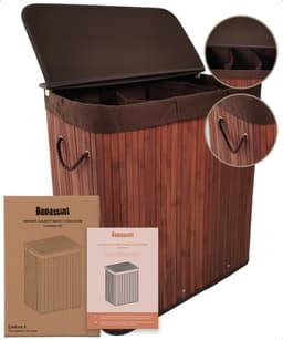 Bellettini® Bamboe Wasmand met Deksel - 3 Compartimenten Wassorteerder - 155 Liter - Bruin — thumbnail 1