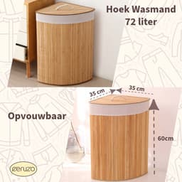 Ceruzo Bamboe Wasmand - Hoek Model - 72L - Vouwbaar - Deksel - 35 x 35 x H 60 cm- Naturel — thumbnail 4