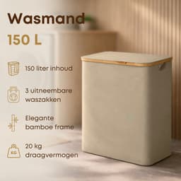 ACAZA Wasmand 3 vakken - Wasmand Met Deksel - 150 L - Bamboe - 60 x 38,5 x 70,5 cm - Zand — thumbnail 2