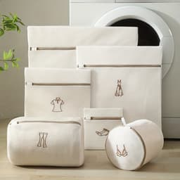 Kraftverdia - 6-delig Waszakken - Set voor de Wasmachine - Bescherming voor wasgoed - Ademende Mesh - Voor Kleding, Sok en Lingerie - Herbruikbaar - Groot met Rits - Beige — thumbnail 1