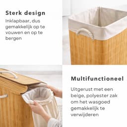 HEM Wasmand Bamboe Opvouwbaar 60L – Wasbox met Deksel en Waszak – Wasmand Badkamer Slaapkamer – Naturel Houtlook – Inclusief HEM Microvezeldoekje — thumbnail 5