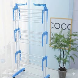 4-Laags Opvouwbaar Wasdroogrek Blauw/Wit – Met Wielen – Ruimtebesparende Wasdroogtoren met 6 Vleugels – Stevig Metalen Frame — thumbnail 2