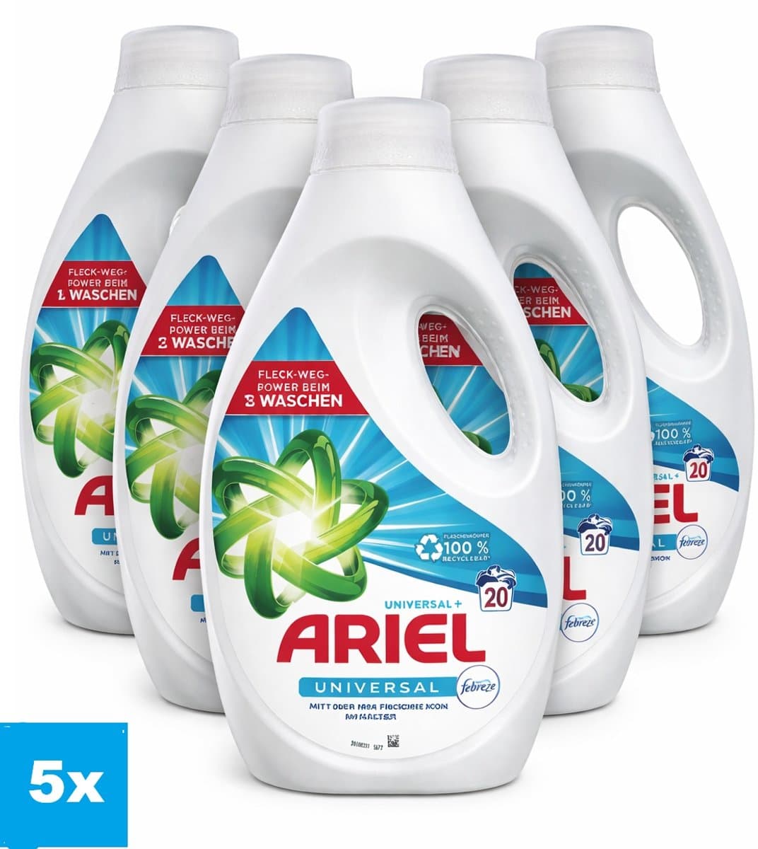 Ariel Universal+ Vloeibaar Wasmiddel 5 x 1000 ml – 5 Stuks – 100 Wasbeurten – Met Febreze Frisheid — afbeelding 1
