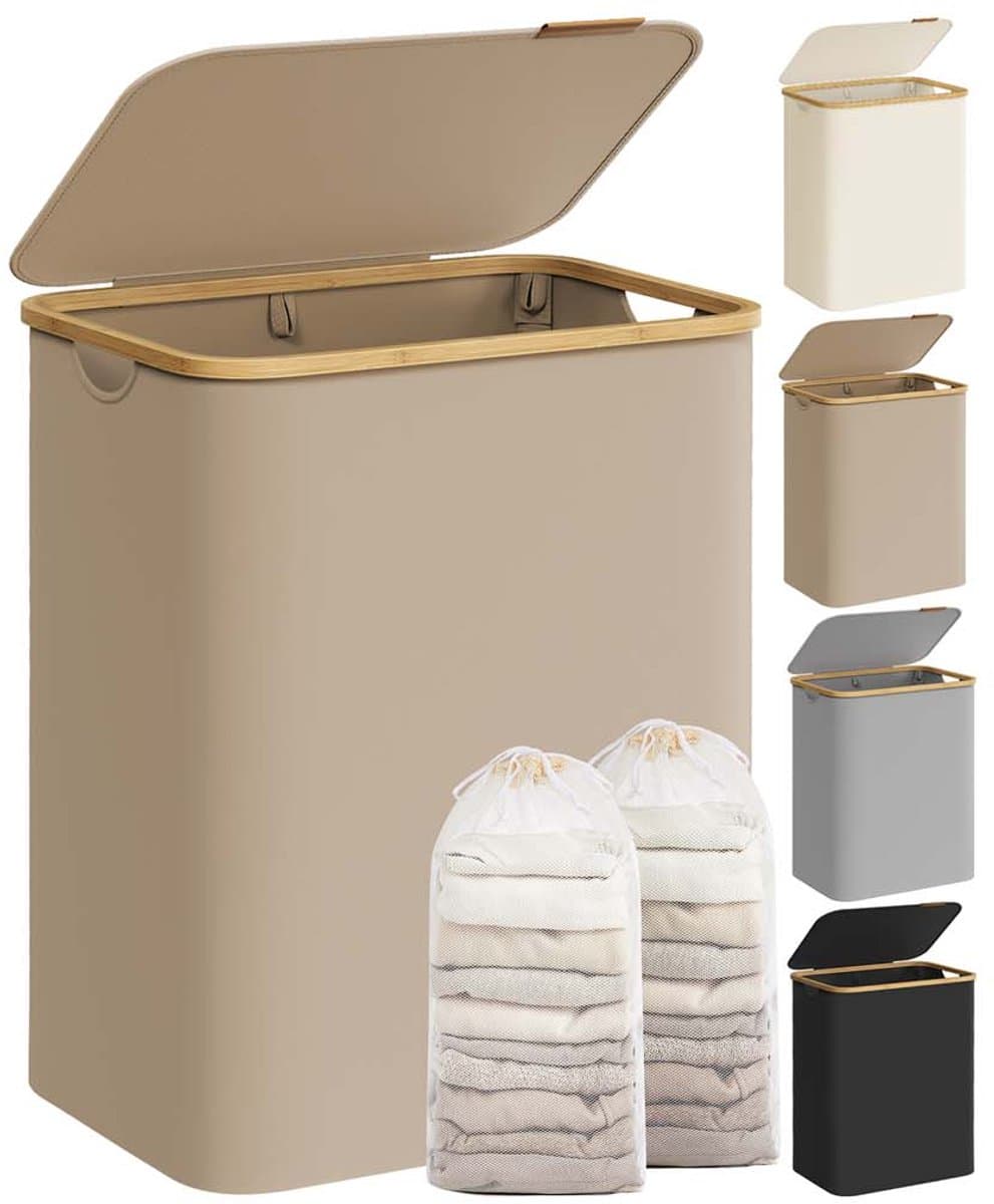 Wasmand – Oxford-stof – Camelbruin – 2 vakken met deksel en uitneembare mesh-voering — afbeelding 1