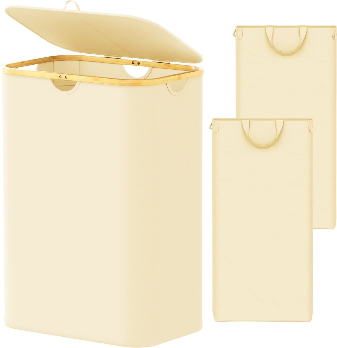 SpaceAid Dubbele Wasmand - 2 Vakken - Met Deksel & Afneembare Tassen - 160L - Bamboe Handvatten - Opvouwbaar - Beige — afbeelding 1