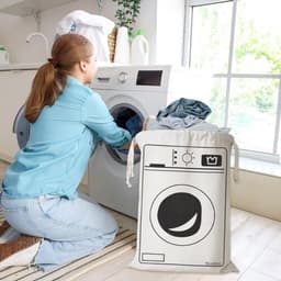 Waszak - Met Wasmachine Print - 50 x 60 cm - Grote waszak - Wasgoed Opbergtas met Trekkoord - Badkamer Was Zak - Laundry Bag - Reiswaszak - Waszakken voor wasgoed - Opbergtas - Waszakken - Wit/Zwart — thumbnail 3