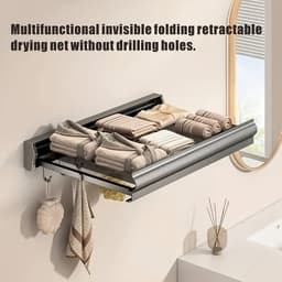 Droogrek-Wasrek hangend-Wandgemonteerde Uitschuifbare Wasrek met 8 Haken & Zwevende Planken -Heavy-Duty Aluminium-Grijs 60 cm. — thumbnail 4