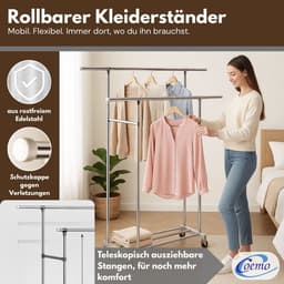 Coemo mobiel kledingrek op wielen, L 162x42x160 cm, metalen rolkast, 2 kledingstangen voor de slaapkamer, kledinghangers, vrijstaand kledingrek, kledingkaststandaard — thumbnail 4