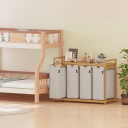 Core® Wasmand 4 Vakken - Wassorteerder - Wasmand - met Verwijderbare Waszak - Licht Grijs - 107cm x 42cm x 77cm — thumbnail 2
