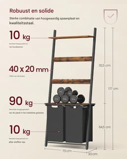 Jessi Store - Wasmand - Wassorteerder - Wasgoedopberger - Met handdoekladder - 2 vakken totaal 92L - Met opbergplank - 73x33x177cm — thumbnail 2