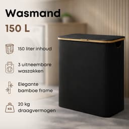 ACAZA Wasmand 3 vakken - Wasmand Met Deksel - 150 L - Bamboe - 60x 38,5 x 70,5 cm - Zwart — thumbnail 2