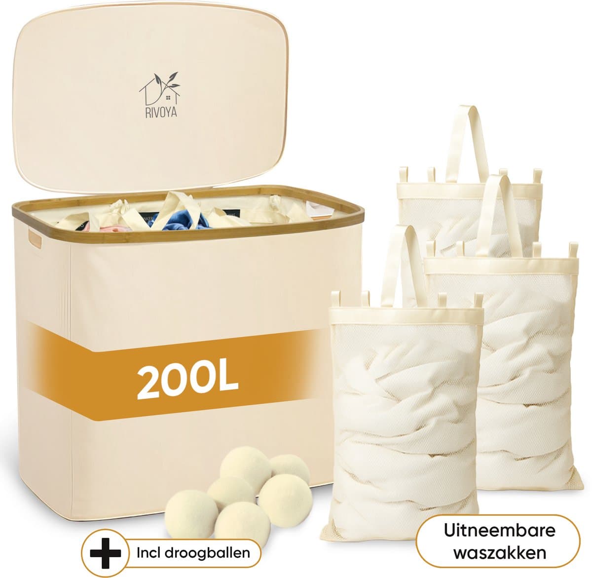 Rivoya Wasmand 3 Vakken - Wassorteerder - XXL 200L - Met 3 Uitneembare Zakken - Wasmand met deksel - Laundry basket - Extra grote capaciteit - Waszak - Wasbox - Beige - incl Drogerballen — afbeelding 1
