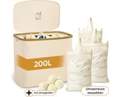 Rivoya Wasmand 3 Vakken - Wassorteerder - XXL 200L - Met 3 Uitneembare Zakken - Wasmand met deksel - Laundry basket - Extra grote capaciteit - Waszak - Wasbox - Beige - incl Drogerballen — afbeelding 1