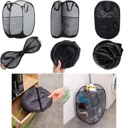 Allecta - Set van 2 Opvouwbare Zwarte Wasmanden met Handvat - Draagbare Opbergmand van Mesh - Inklapbare Pop-Up Wasmanden met 3 Zakken. — thumbnail 2