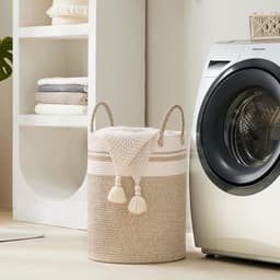 Wasmand/opbergmand van textieltouw, kinderwasmand, opbergmand met katoenen touwgreep, geschikt voor het opbergen van dekens, kleding en speelgoed, en is geschikt voor slaapkamers en wasruimtes,Stijl 16,Diameter 38 * Hoogte 50cm — thumbnail 2
