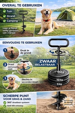 Grondanker voor honden riem - paal middelgrote tot grote honden - 100kg aanlegpblok spiraalmes strand gazon - zwart — thumbnail 2