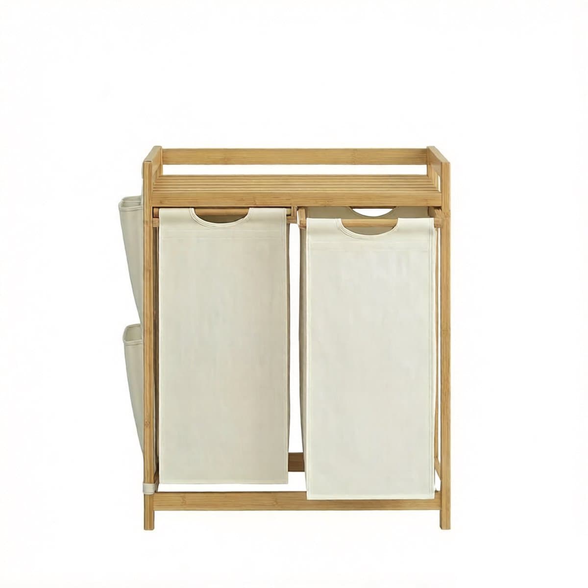 Dubbele compartiment wasmand 63x33x78cm naturel+wit Grote capaciteit 2x50L Voor gesorteerd opbergen Met plank, zijvak en afneembare waszak Stevig bamboe frame Voor thuis, slaapkamer en woonkamer — afbeelding 1