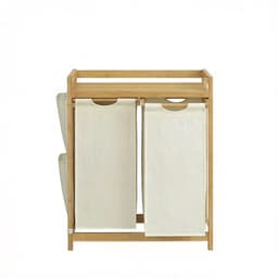 Dubbele compartiment wasmand 63x33x78cm naturel+wit Grote capaciteit 2x50L Voor gesorteerd opbergen Met plank, zijvak en afneembare waszak Stevig bamboe frame Voor thuis, slaapkamer en woonkamer — thumbnail 1