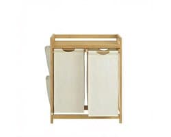 Dubbele compartiment wasmand 63x33x78cm naturel+wit Grote capaciteit 2x50L Voor gesorteerd opbergen Met plank, zijvak en afneembare waszak Stevig bamboe frame Voor thuis, slaapkamer en woonkamer