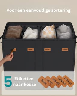 Novendo Goods – XXL Wasmand 210L met 4 vakken & deksel - Wasbox met labels, uitneembare waszak & opvouwbaar wasruimte-organizersysteem — thumbnail 4