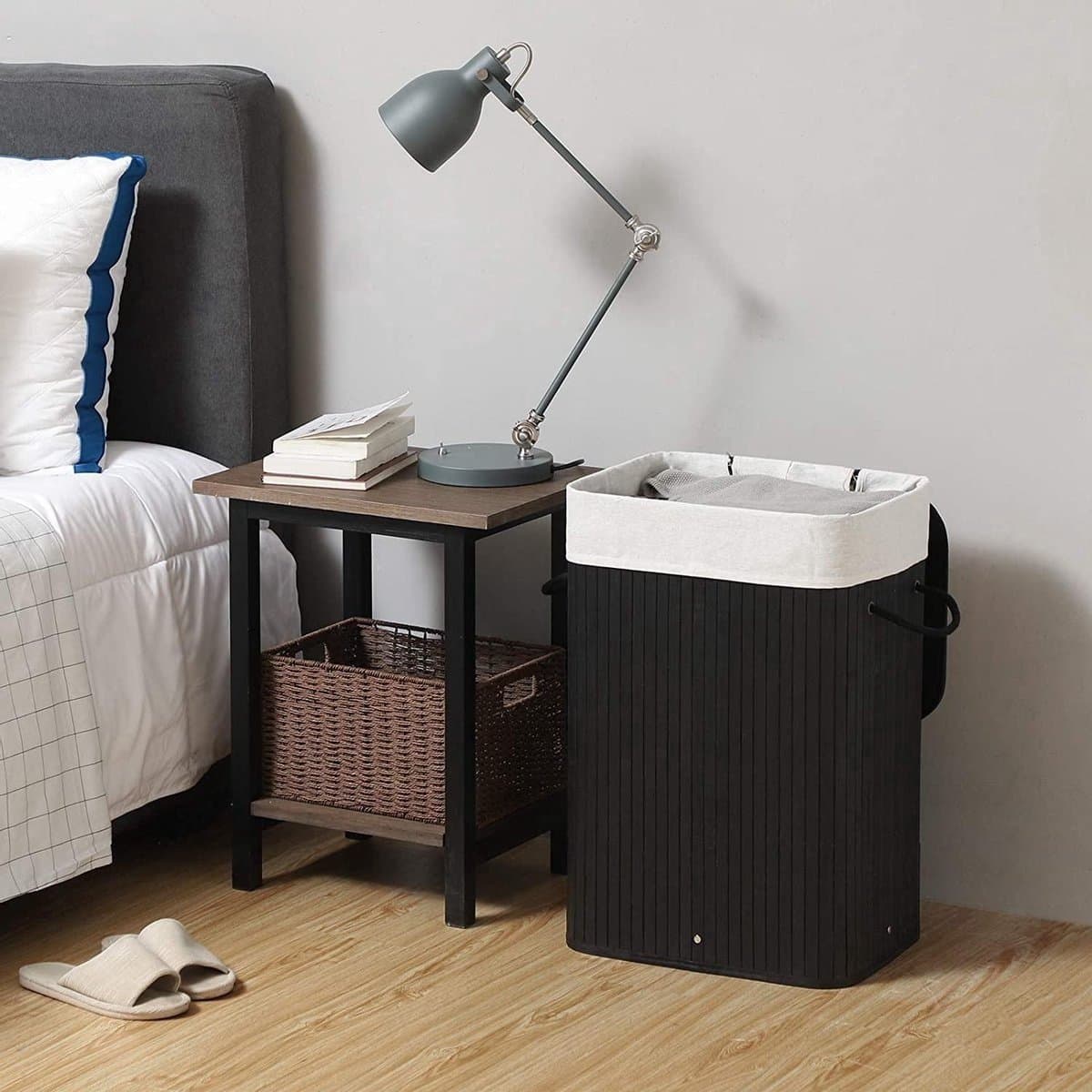 Parya Home - Bamboe Wasmand met Deksel, Katoenen Zak en Handvaten - 72L - Zwart — afbeelding 1