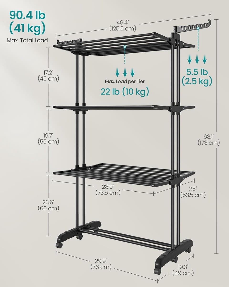 SONGMICS - Groot droogrek - opvouwbaar - 4-laags - 63,5 x 125,5 x 173 cm - zwart — afbeelding 1