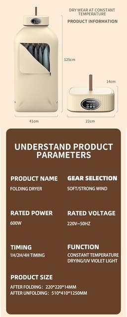Draagbare elektrische droger - 600 W - ruimtebesparend - 1 stuk — thumbnail 3