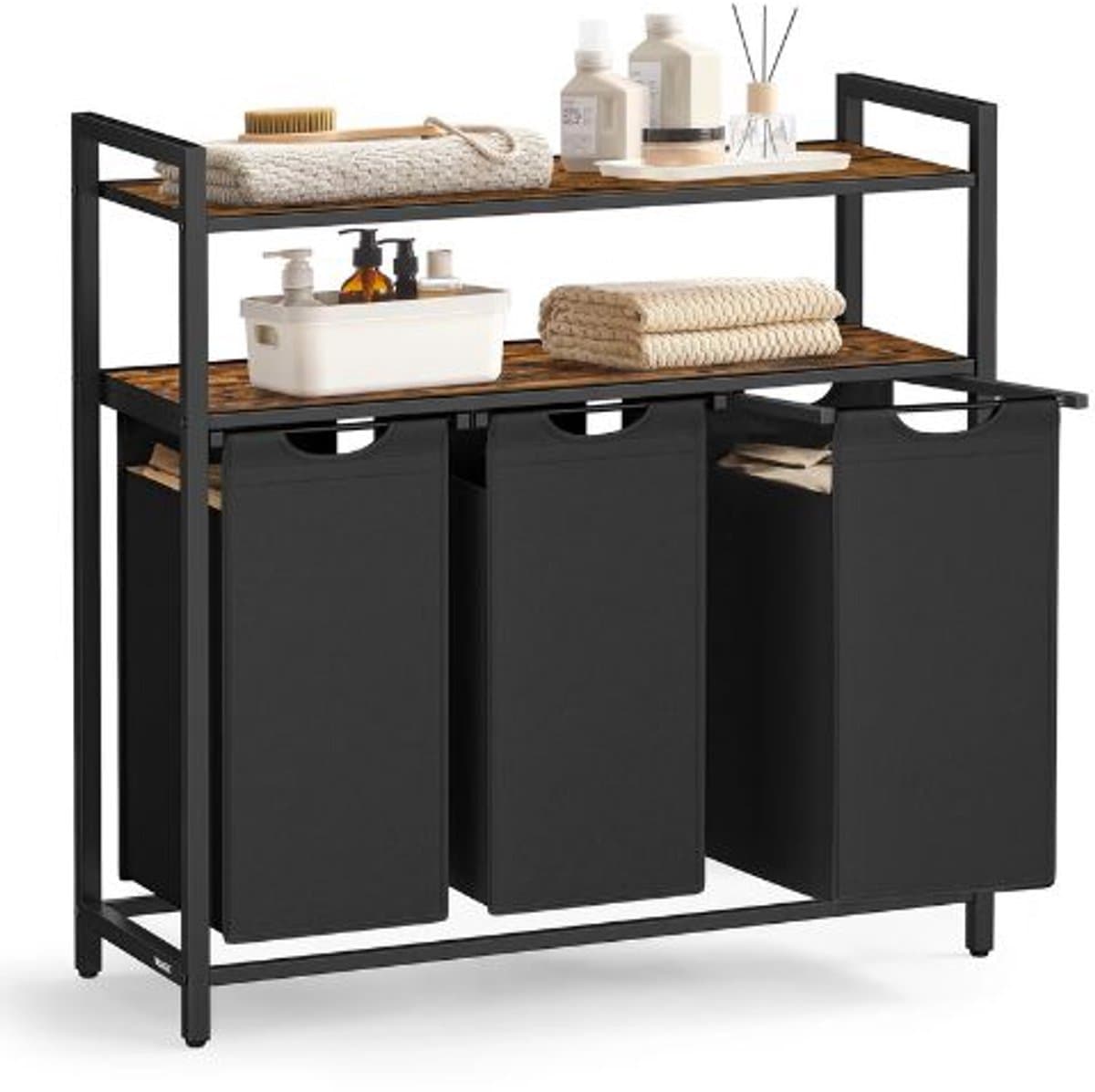 Wasmand 3 Vakken - Badkamerkast - 2 Planken - Opberger - 120L - Afneembare Waszakken - 92,5×33×92 CM - Kantelbeveiliging - Wasmand — afbeelding 1