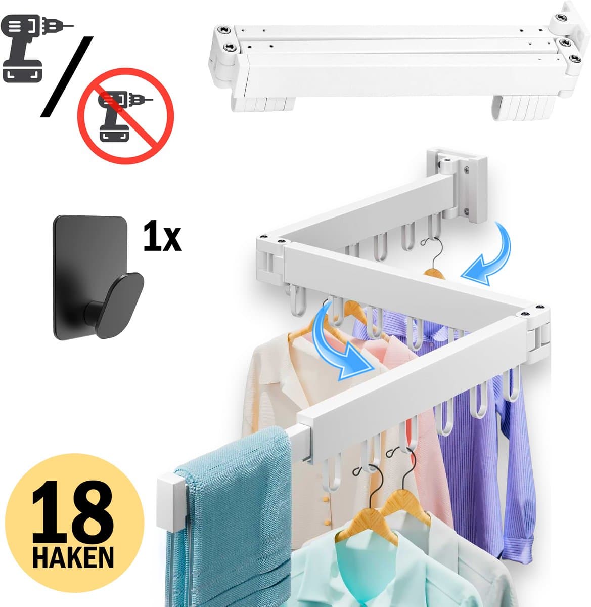 PLAY IT Wanddroogrek 127cm Inklapbaar 18 Haken Wit - Wasrek/Droogrek Hangend + 1 Handdoek Haakje — afbeelding 1