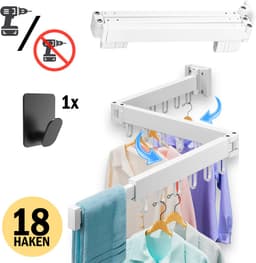 PLAY IT Wanddroogrek 127cm Inklapbaar 18 Haken Wit - Wasrek/Droogrek Hangend + 1 Handdoek Haakje — thumbnail 1